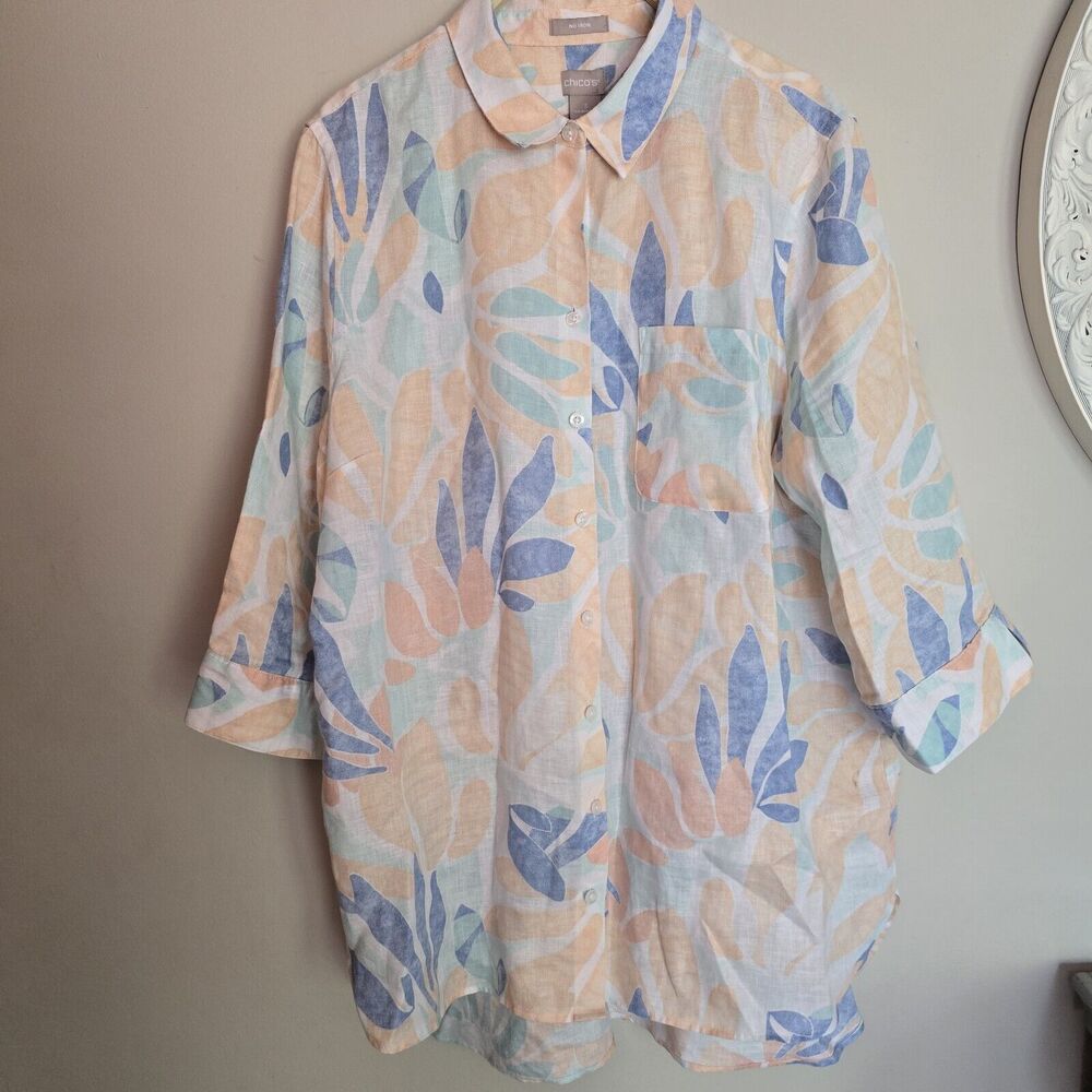 Chicos 3 No Iron Linen Shirt Button-Down Tunic Blouse Tropical Blue Floral XL